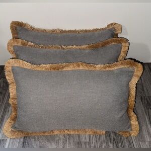 Phantoscope Gray decorative lumbar throw pillow cover fringe trim farmhouse